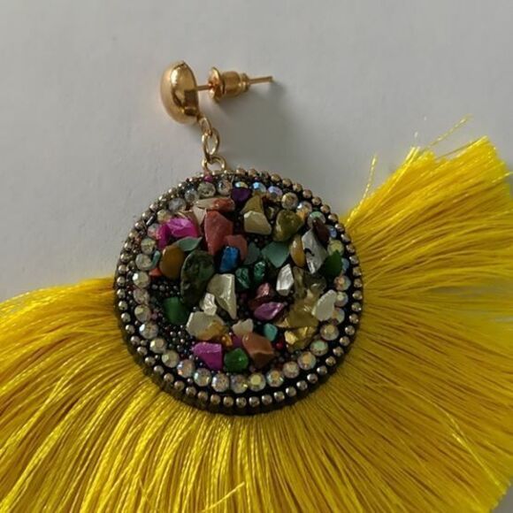 Yellow Earrings Tassel Multicolor Rhinestone Beads Pierced Dangle Hanging Boho - Picture 2 of 3